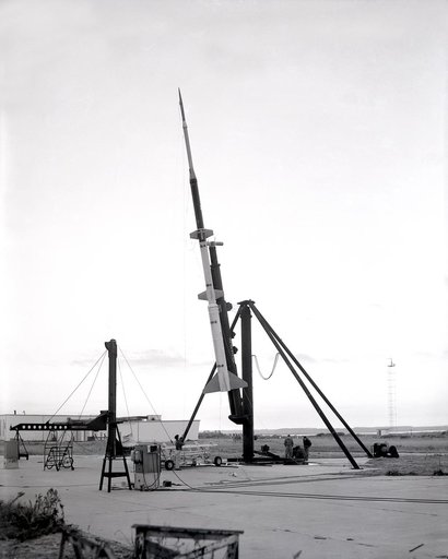 First University of Michigan Strongarm sounding rocket on launcher at Wallops for test, November 10, 1959E5-188 Shop and Launcher Pictures