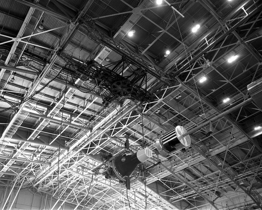 Rendezvous Docking Simulator Suspended From the Roof of the West Area Hangar
