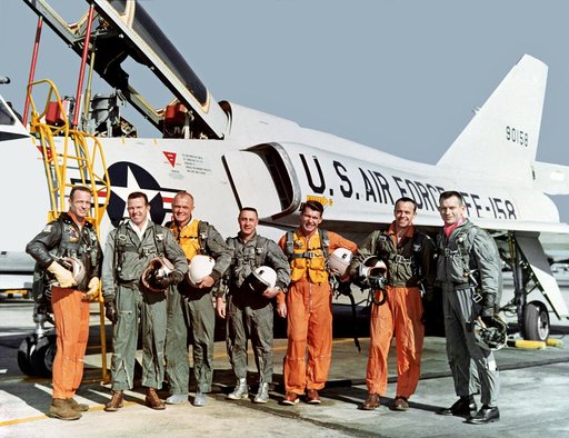 Original 7 astronauts in front of the Convair F-106 B aircraft
