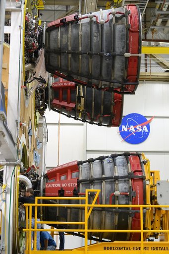 NASA Michoud Crews Attach Third RS-25 Engine to Artemis I Rocket Stage