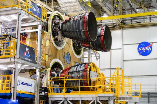 NASA Michoud Crews Attach Third RS-25 Engine to Artemis I Rocket Stage