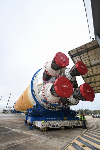 NASA Prepares Artemis I SLS Rocket Stage for Move to Pegasus Barge