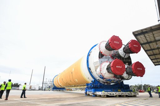 NASA Prepares Artemis I SLS Rocket Stage for Move to Pegasus Barge
