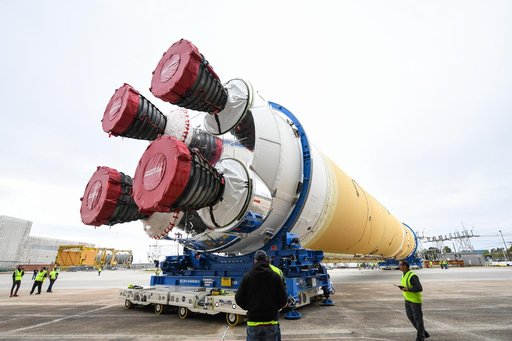 NASA Prepares Artemis I SLS Rocket Stage for Move to Pegasus Barge
