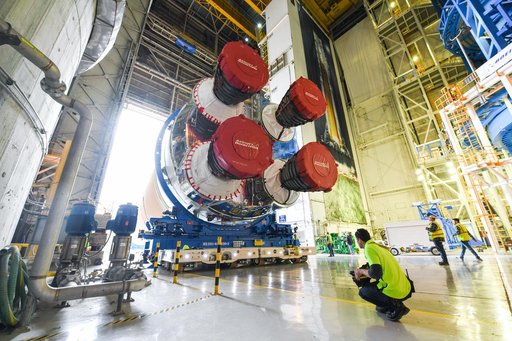 NASA Prepares Artemis I SLS Rocket Stage for Move to Pegasus Barge