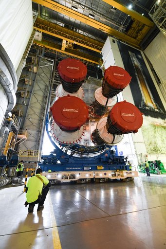 NASA Prepares Artemis I SLS Rocket Stage for Move to Pegasus Barge