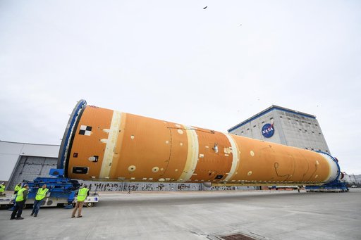 NASA Prepares Artemis I SLS Rocket Stage for Move to Pegasus Barge