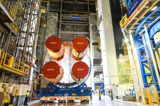 NASA Prepares Artemis I SLS Rocket Stage for Move to Pegasus Barge