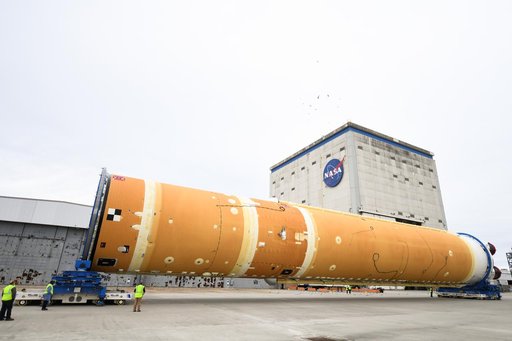 NASA Prepares Artemis I SLS Rocket Stage for Move to Pegasus Barge