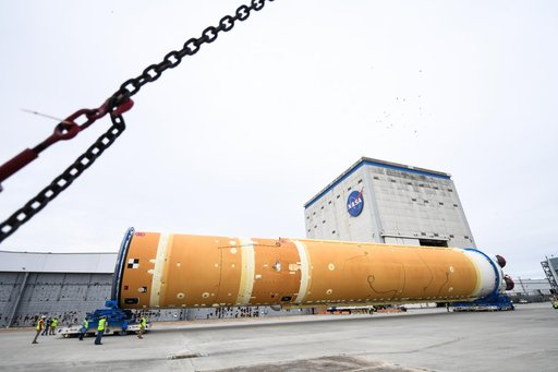 NASA Prepares Artemis I SLS Rocket Stage for Move to Pegasus Barge