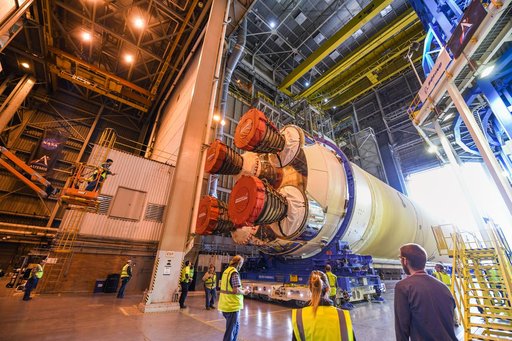 NASA Prepares Artemis I SLS Rocket Stage for Move to Pegasus Barge