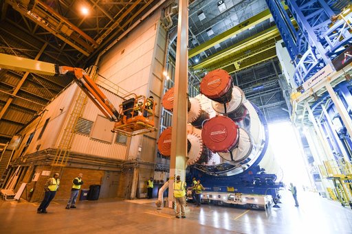 NASA Prepares Artemis I SLS Rocket Stage for Move to Pegasus Barge