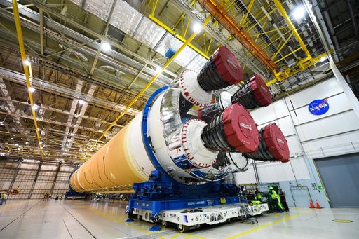 NASA Prepares Artemis I SLS Rocket Stage for Move to Pegasus Barge