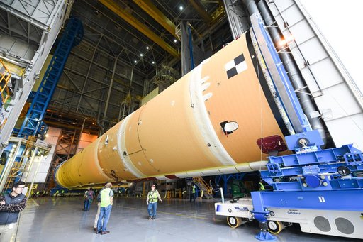 NASA Prepares Artemis I SLS Rocket Stage for Move to Pegasus Barge