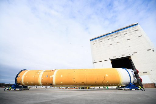 NASA Prepares Artemis I SLS Rocket Stage for Move to Pegasus Barge
