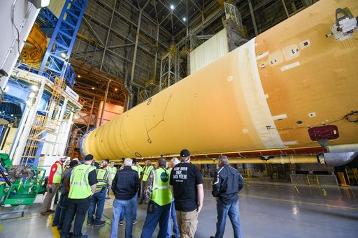 NASA Prepares Artemis I SLS Rocket Stage for Move to Pegasus Barge
