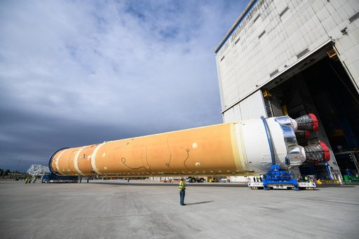 NASA Prepares Artemis I SLS Rocket Stage for Move to Pegasus Barge