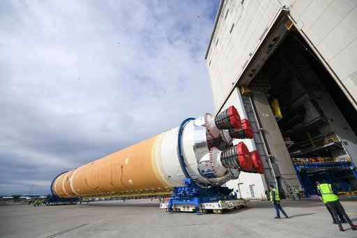 NASA Prepares Artemis I SLS Rocket Stage for Move to Pegasus Barge