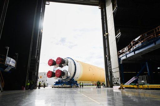 NASA Prepares Artemis I SLS Rocket Stage for Move to Pegasus Barge