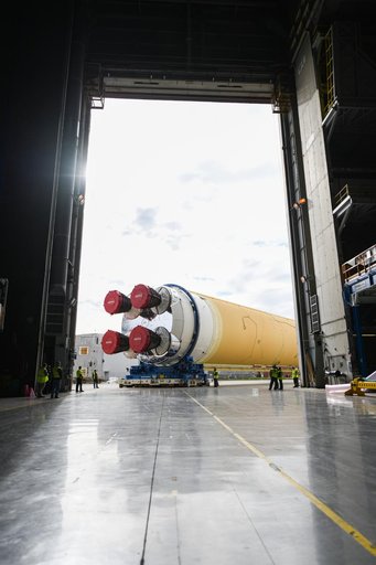 NASA Prepares Artemis I SLS Rocket Stage for Move to Pegasus Barge