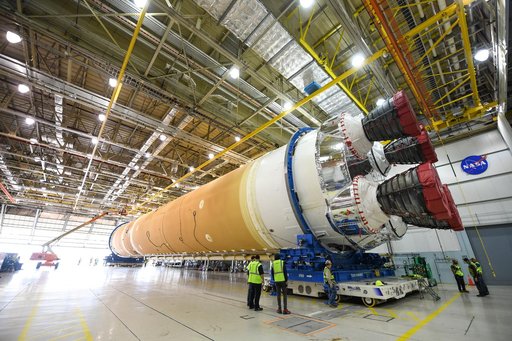 NASA Prepares Artemis I SLS Rocket Stage for Move to Pegasus Barge