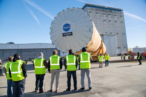 NASA Moves First Artemis SLS Rocket Stage from NASA’s Factory to Barge