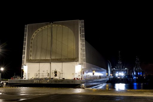 NASA’s Pegasus Barge Stops at MAF with Artemis I Rocket Hardware