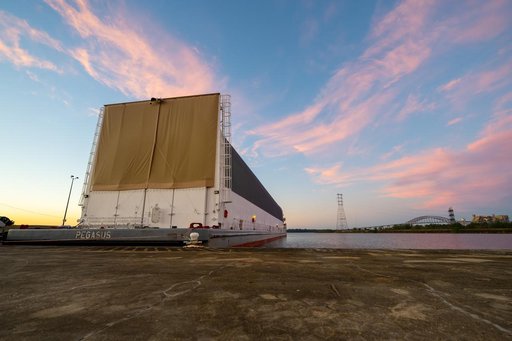 NASA teams load SLS Engine Section for Artemis III mission on Pegasus barge