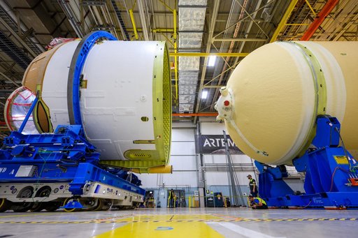 Teams Move Artemis II SLS Engine Section into Position for Final Join