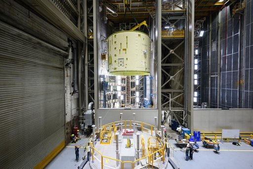 Technicians Lift, Prepare Artemis III SLS Intertank for Next Phase of Production at NASA Michoud