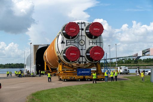 Space Launch System Core Stage for Artemis II Rocket Loaded onto Pegasus Barge