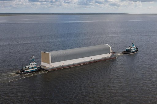 NASA Photographers Capture Aerial Views of Pegasus Barge with Artemis II Rocket Stage