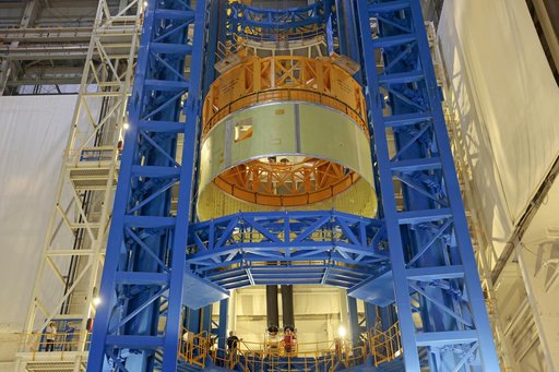Structurally Complete Forward Skirt Lifts Out of Vertical Assembly Center