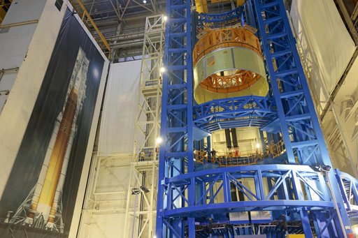 Structurally Complete Forward Skirt Lifts Out of Vertical Assembly Center