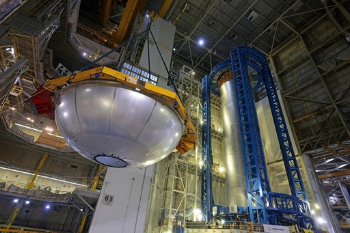 Core Stage Four Liquid Hydrogen Tank Aft Dome Lifts into Vertical Assembly Center