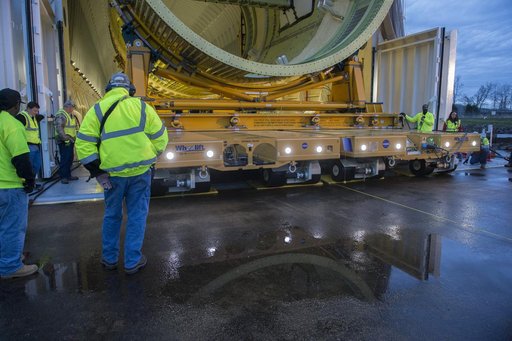 The SLS Stages Intertank Structural Test Assembly (STA) arrives at MSFC