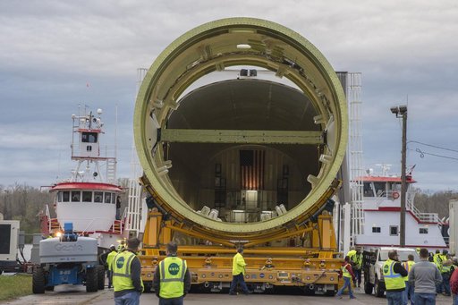 The SLS Stages Intertank Structural Test Assembly (STA) arrives at MSFC