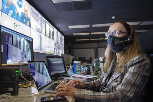 Deborah Crane and Teams at NASA’s Marshall Space Flight Center help monitor launch conditions for the Demo-2 mission from the Huntsville Operations Support Center, HOSC.
