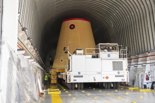 The Launch Vehicle Stage Adapter (LVSA) is Moved to and Loaded Onto the NASA Barge Pegasus for Transport