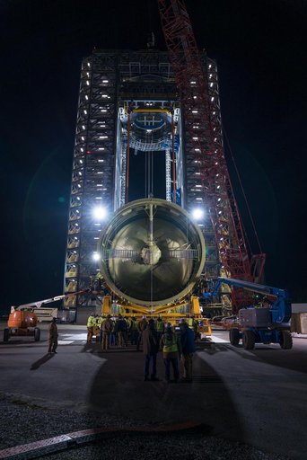 Space Launch System Liquid Hydrogen Tank Test Article Positioned in Test Stand at NASA’s Marshall Space Flight Center