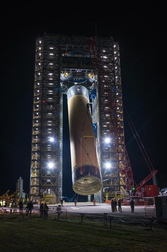 Space Launch System Liquid Hydrogen Tank Test Article Positioned in Test Stand at NASA’s Marshall Space Flight Center