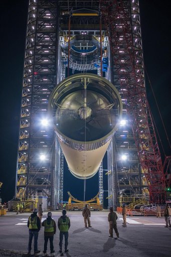 Space Launch System Liquid Hydrogen Tank Test Article Positioned in Test Stand at NASA’s Marshall Space Flight Center