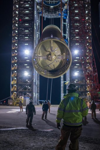 Space Launch System Liquid Hydrogen Tank Test Article Positioned in Test Stand at NASA’s Marshall Space Flight Center