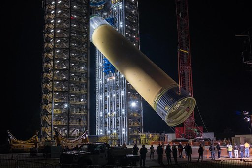 Space Launch System Liquid Hydrogen Tank Test Article Positioned in Test Stand at NASA’s Marshall Space Flight Center