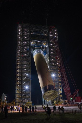 Space Launch System Liquid Hydrogen Tank Test Article Positioned in Test Stand at NASA’s Marshall Space Flight Center