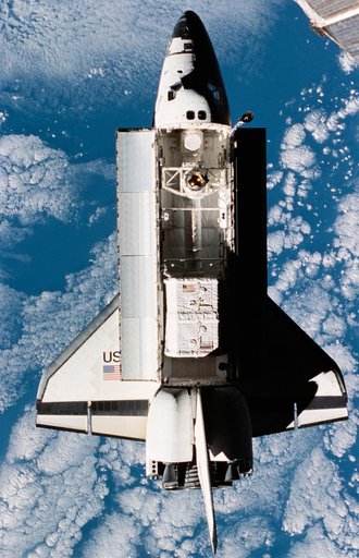 View of the approaching space shuttle Atlantis