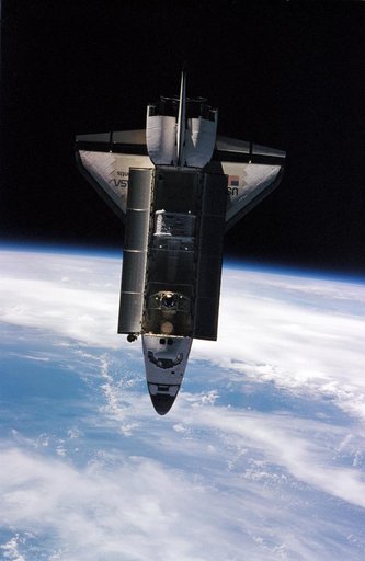 View of Space Shuttle Atlantis during approach and docking to Mir Space Station