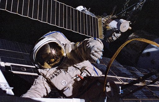 Lineger and Tsibliev during EVA outside Mir Space Station