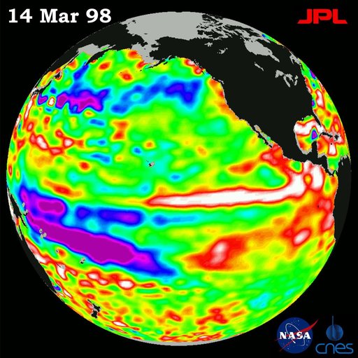 TOPEX/El Niño Watch - Satellite shows El Niño-related Sea Surface Height, Mar, 14, 1998
