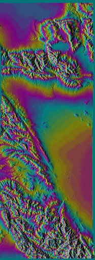 San Andreas Fault, Southern California, Shaded Relief, Wrapped Color as Height